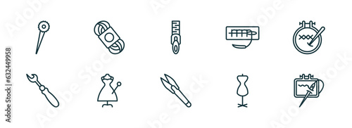 set of 10 linear icons from sew concept. outline icons such as pin, wool, slide fastener, cutter, mannequin, needlework vector