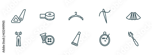 set of 10 linear icons from sew concept. outline icons such as sewing marker, tape, clothes hanger, glue stick, embroidery, ripper vector