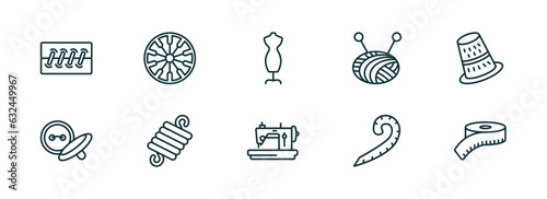 set of 10 linear icons from sew concept. outline icons such as seam, spokes, dummy, sewing hine, french curve, measuring vector