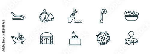 set of 10 linear icons from sauna concept. outline icons such as tepidarium, hygrometer, adrenalin rush, earth sauna, regeneration, cardiovascular system vector
