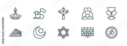 set of 10 linear icons from religion concept. outline icons such as dipa, lamb of god, bael tree, jewish, kotel, hindu vector