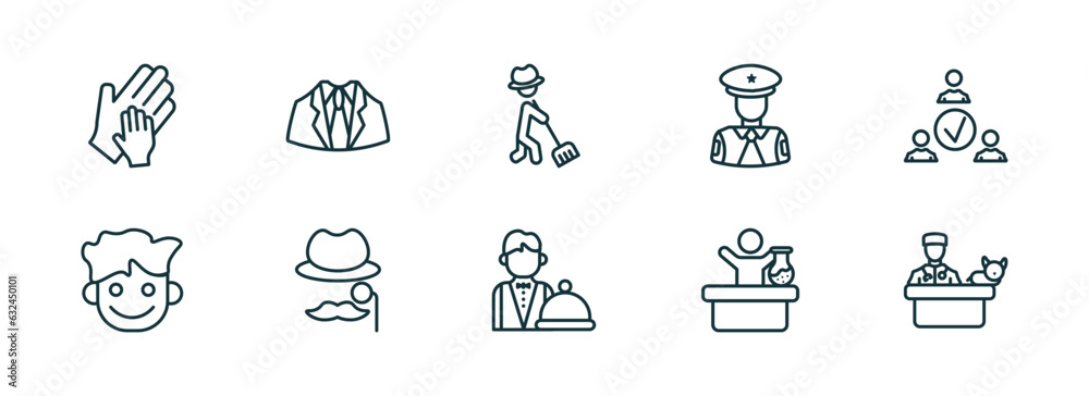 set of 10 linear icons from people concept. outline icons such as hand of an adult, business suit, farmer working, waiter working, chemist working, vet with cat vector