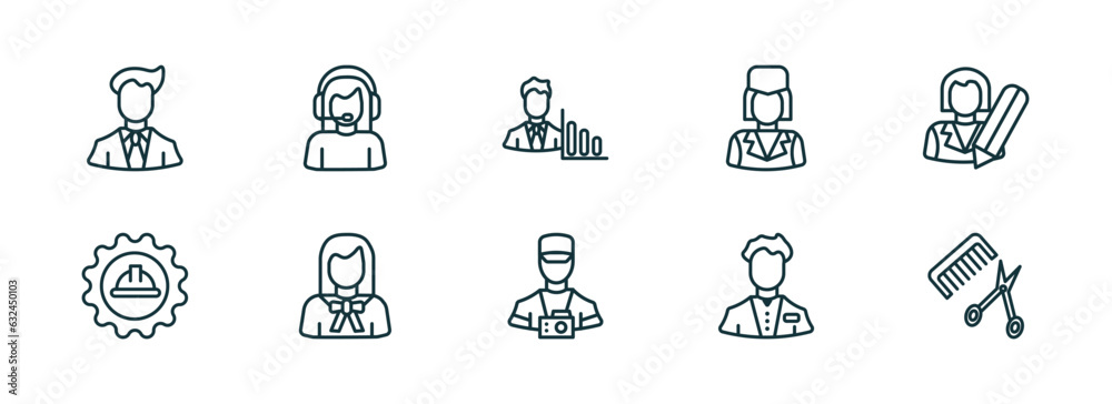 set of 10 linear icons from professions concept. outline icons such as businessman, callcenter, statistician, photographer, clerk, hairdresser vector set of 10 linear icons from professions concept. outline icons such as businessman, callcenter, statistician, photographer, clerk, hairdresser vector