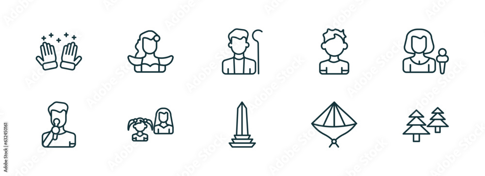 set of 10 linear icons from people concept. outline icons such as salat, spanish woman, shepherd, venezuelan, vietnamese, norwegian vector set of 10 linear icons from people concept. outline icons such as salat, spanish woman, shepherd, venezuelan, vietnamese, norwegian vector