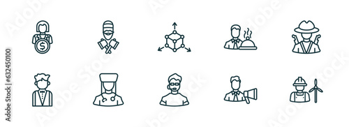 set of 10 linear icons from professions concept. outline icons such as financial manager, lumberjack, model, bouncer, marketing manager, wind turbine technician vector