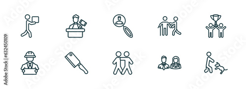 set of 10 linear icons from people concept. outline icons such as men carrying a box, judge with hammer, recruit, hugging, woman and man partners, dog trainer vector