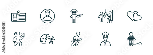 set of 10 linear icons from people concept. outline icons such as identification pass, male users, criminal heist, running at finish line, cook, war prisioner vector