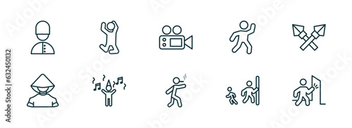 set of 10 linear icons from people concept. outline icons such as queens guard, man jumping, movie director, man walking and smoking, hide and seek, man knocking a door vector
