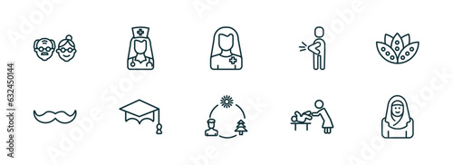 set of 10 linear icons from people concept. outline icons such as old couple, female doctor, pacient, ecosystem, babysitter and child, arab woman vector