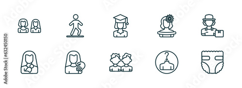 set of 10 linear icons from people concept. outline icons such as friends, bast, graduated student, brothers, unknown, baby diaper vector