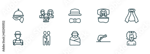 set of 10 linear icons from people concept. outline icons such as serve, man girl and dog, elegant, kidnapping, ruku, bearded woman vector