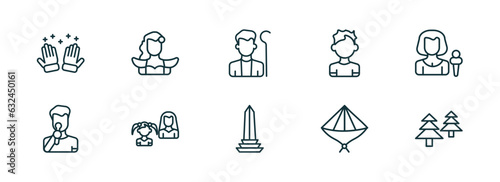 set of 10 linear icons from people concept. outline icons such as salat, spanish woman, shepherd, venezuelan, vietnamese, norwegian vector