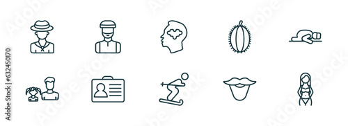set of 10 linear icons from people concept. outline icons such as colombian, muslim man, psychology, man skiing, beard, seductive vector