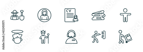 set of 10 linear icons from people concept. outline icons such as garderner, woman profile, woman covering, phone assistance, man throwing a dart, worker loading vector photo