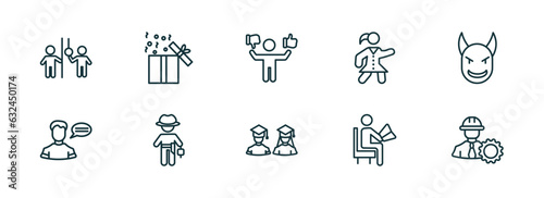 set of 10 linear icons from people concept. outline icons such as occupant, open present box, preference, students, sitting man reading, constructor vector