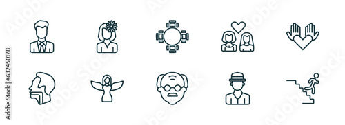set of 10 linear icons from people concept. outline icons such as bussiness man, woman with flower, round table, old man, spanish man, downstairs vector