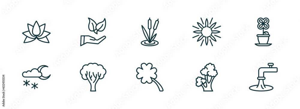 set of 10 linear icons from nature collection. thin concept. outline icons such as beautiful lotus flower, conservation, reeds, four leaf clover, scarlet oak tree, wate vector