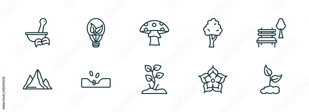 set of 10 linear icons from nature concept. outline icons such as therapy, led bulb, mushroom with spots, plants growing, japanese flower, grows vector