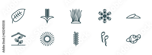 set of 10 linear icons from nature concept. outline icons such as ovate, grains, fasciculate, acacia, fertilize clinic, planet with satellite vector