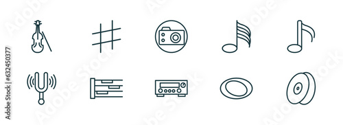 set of 10 linear icons from music and media concept. outline icons such as violoncello, sharp, photo camera, amplifier, whole, cymbal vector