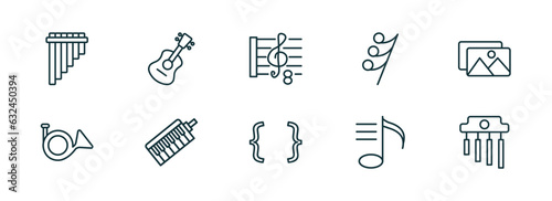 set of 10 linear icons from music and media concept. outline icons such as panpipe, ukelele, octave, brace, playlist, chimes vector photo