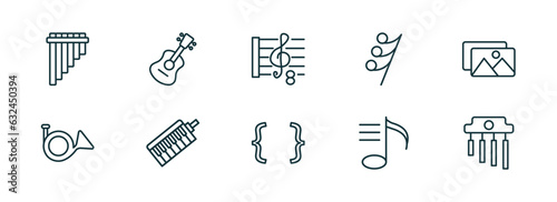 set of 10 linear icons from music and media concept. outline icons such as panpipe, ukelele, octave, brace, playlist, chimes vector