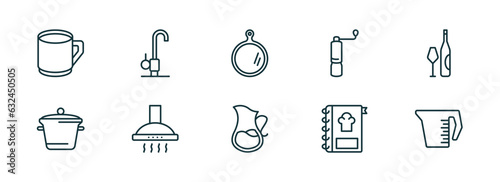 set of 10 linear icons from kitchen concept. outline icons such as mug, kitchen tap, chopping board, pitcher, recipe, measuring cup vector