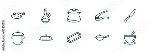 set of 10 linear icons from kitchen concept. outline icons such as broiler, olive oil, cooking pot, tray, skillet, soup bowl vector