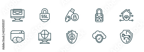 set of 10 linear icons from internet security concept. outline icons such as ethernet, ssl, pendrive security, insecure, cloud, trojan vector