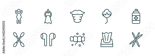 set of 10 linear icons from hygiene concept. outline icons such as body shaming, face towel, beardy, flossing, tissues, toothpick vector