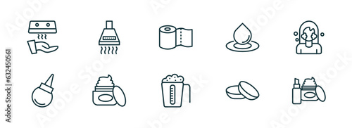 set of 10 linear icons from hygiene concept. outline icons such as hand dryer, extractor, paper towel, detergent dose, lens, cosmetics vector