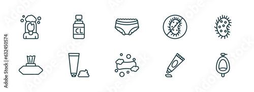 set of 10 linear icons from hygiene concept. outline icons such as hair washing, chlorine, underwear, lather, gel, urinal vector