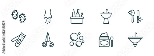 set of 10 linear icons from hygiene concept. outline icons such as microbes, body odour, hygiene kit, bubbles, scrub up, washbasin vector