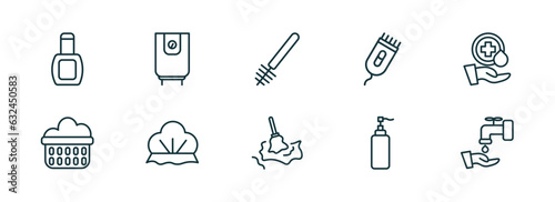 set of 10 linear icons from hygiene concept. outline icons such as varnish, water heater, toilet brush, wet cleaning, pump bottle, ablution vector