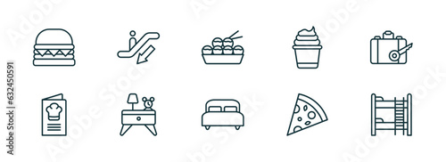 set of 10 linear icons from hotel and restaurant concept. outline icons such as cheese burger, or down, takoyaki, double bed, pizza, bunk vector