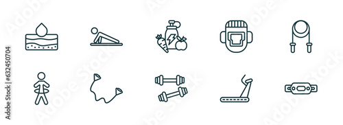 set of 10 linear icons from gym and fitness concept. outline icons such as hydratation, push up, fitness food, little dumbbell, running hine, fitness belt vector