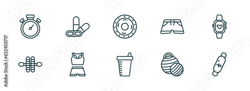 set of 10 linear icons from gym and fitness concept. outline icons such as big stopwatch, press simulator, weight drive, protein shake, pilates ball, fitness bracelet vector