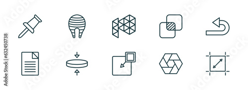 set of 10 linear icons from geometry concept. outline icons such as push pin, fillet, polygonal megaphone, insert, polygonal hexagon, dimensions vector