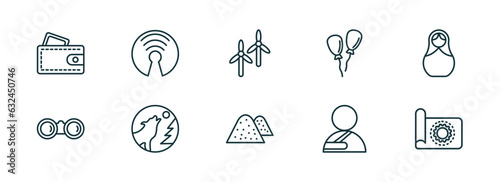 set of 10 linear icons from general concept. outline icons such as card wallet, open source, renewable energy label, sand, shoulder immobilizer, prototyping vector