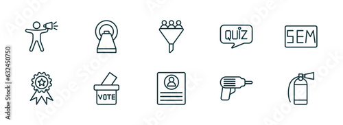 set of 10 linear icons from general concept. outline icons such as leader with loudspeaker, mri scanner, lead conversion, profile list, perforator, fire estinguisher vector