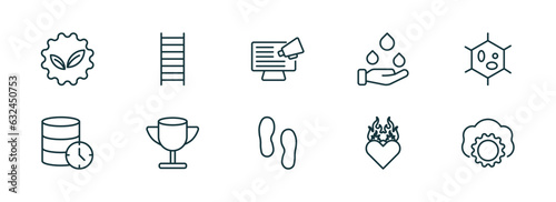 set of 10 linear icons from general concept. outline icons such as go green badge, stepladder, social campaign, steps, heart in flames, saas vector