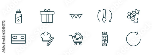 set of 10 linear icons from general concept. outline icons such as massage oil, gift box with ribbon, party decoration, procurement, smart assistant, clockwise vector