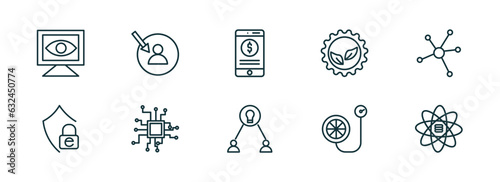 set of 10 linear icons from general concept. outline icons such as computer vision, direct marketing, digital banking, collaborative idea, inflate tire, big data scientist vector