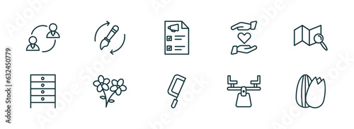 set of 10 linear icons from general concept. outline icons such as on coaching, brush history, marketing plan, fretsaw, balancer, nuts vector