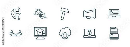 set of 10 linear icons from general concept. outline icons such as business intelligence, brand engagement, sledgehammer, cloud service, digital economy, credit history vector