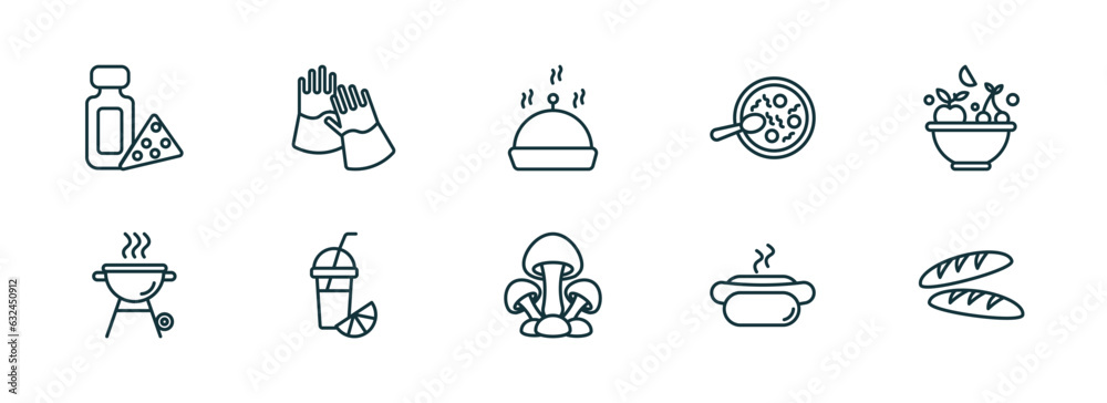 set of 10 linear icons from food concept. outline icons such as dairy, protection gloves, serving dish, mushrooms, hotdog and bread, baguette vector