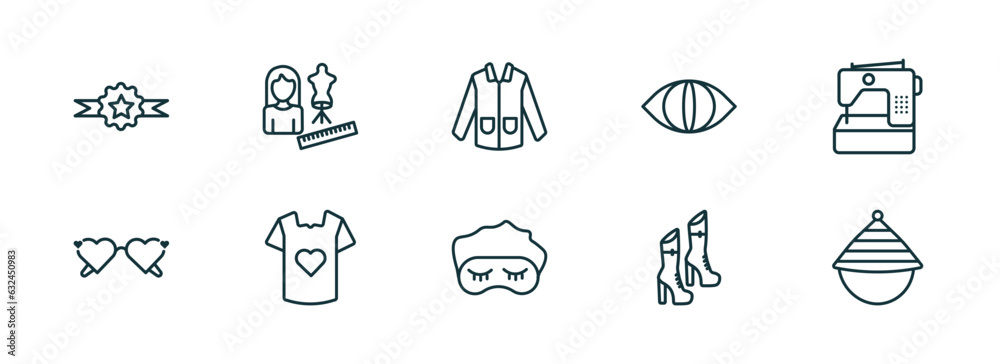 Fototapeta premium set of 10 linear icons from fashion concept. outline icons such as medal with a star, tailor, coat with pockets, sleeping mask, woman boots, samurai japanese hat vector