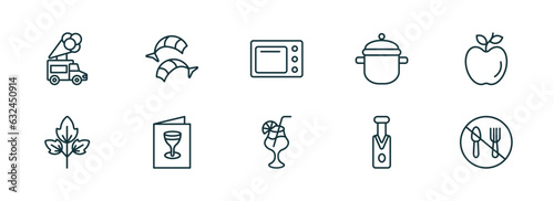 set of 10 linear icons from food concept. outline icons such as ice cream truck, shrimps, kitchen pack, tropical drink, sparkling wine, no eating vector