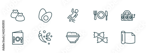 set of 10 linear icons from food concept. outline icons such as dumpling, boiled egg, fallen, risotto, pasta, wrapping vector