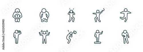 set of 10 linear icons from feelings concept. outline icons such as sad human, lonely human, shocked human, pissed off blessed impatient vector